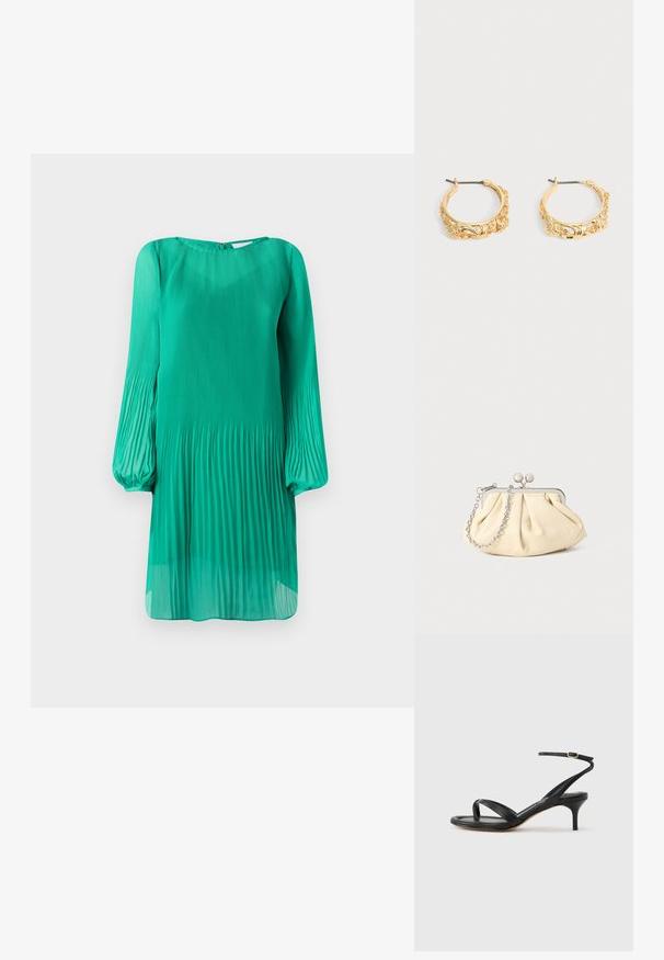 Vestido verde plisado con mangas largas tipo globo y escote redondo. La tela es ligera y transparente, con una silueta fluida.; Sandalia negra de cuero para mujer con tiras finas, un lazo para el dedo del pie, hebilla en el tobillo y tacón de aguja de altura media sobre un fondo neutro.; Clutch de cuero beige plisado con un marco de metal plateado, que cuenta con dos broches decorativos redondos y una correa de cadena plateada.; Par de pendientes de aro en tono dorado con grabados ornamentales de flores y hojas sobre un fondo neutro.