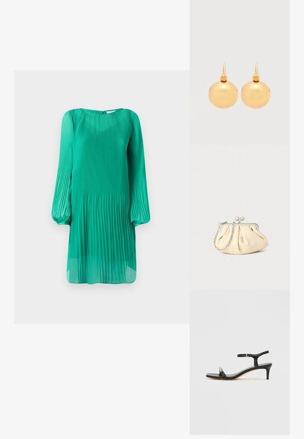 Vestido verde plisado con mangas largas tipo globo y escote redondo. La tela es ligera y transparente, con una silueta fluida.; Sandalia de tacón de cuero negro con correa en el tobillo, punta abierta, frente cuadrado y detalle en hardware plateado. Diseño ajustado con un perfil elegante.; Clutch de cuero beige plisado con un marco de metal plateado, que cuenta con dos broches decorativos redondos y una correa de cadena plateada.; Par de pendientes de bola navideña dorados brillantes con cierre de gancho sobre un fondo blanco liso.