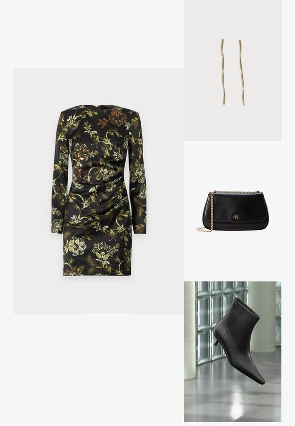 Vestido negro de manga larga con un estampado floral en dorado y verde, hecho de una tela suave con un detalle fruncido en la cintura.; Bota de cuero negro para el tobillo con puntera puntiaguda y tacón pequeño, exhibida frente a una pared de bloques de vidrio y un suelo pulido.; Bolso bandolera de cuero negro con correa de cadena dorada y pequeño logo dorado de CK en la solapa frontal.; Pendientes largos de oro compuestos por cuatro barras curvadas enlazadas y alargadas sobre un fondo blanco.