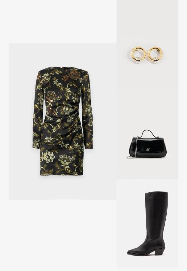 Robe noire à manches longues ornée d'un motif floral doré et vert, confectionnée en tissu lisse avec un détail froncé à la taille.; Botte en cuir noire mi-mollet avec un bout pointu et un talon bas incliné sur un fond clair uni.; Sac à main en cuir noir avec une chaîne en bandoulière, forme structurée et accent logo argenté. Texture lisse avec un rabat.; Boucles d'oreilles circulaires en or avec deux petites bagues en argent sur chacune, affichant des détails subtils du nom de la marque gravé, posées sur un fond blanc.