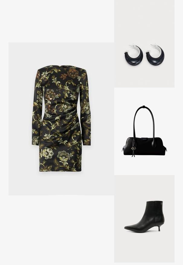 Vestido negro de manga larga con un estampado floral en dorado y verde, hecho de una tela suave con un detalle fruncido en la cintura.; Botín de piel negra con puntera puntiaguda y tacón bajo estilo kitten sobre fondo claro, mostrando vista lateral exterior.; Bolso de mano negro de cuero Calvin Klein con asas largas, una etiqueta con el logo frontal y un colgante geométrico plateado que cuelga de una de las asas.; Pendientes de aro de resina negra con acabado brillante y acentos de hardware en tono plateado. Forma circular con un corte y cierre a presión.