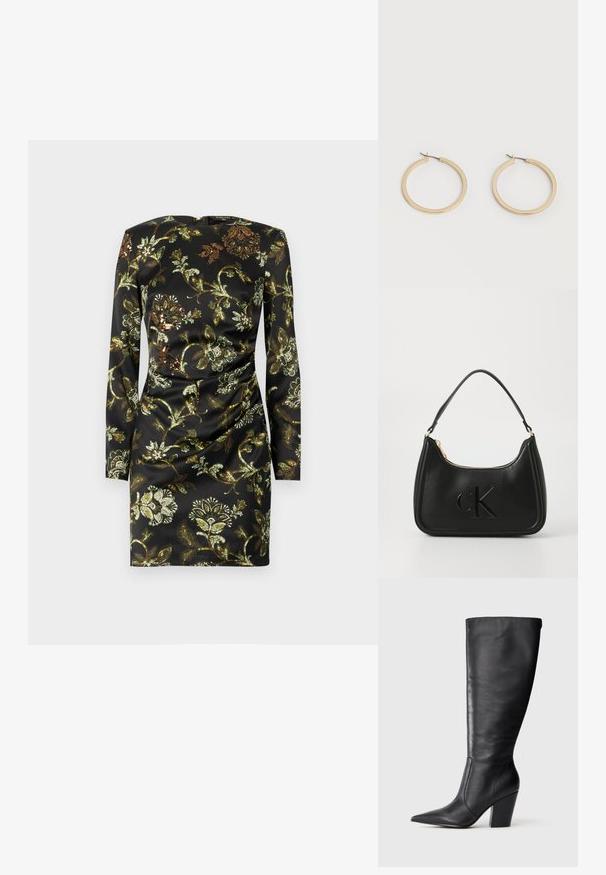 Robe noire à manches longues ornée d'un motif floral doré et vert, confectionnée en tissu lisse avec un détail froncé à la taille.; Botte en cuir noire à hauteur de genou avec bout pointu et talon large, présentée en profil latéral gauche sur fond blanc.; Sac à main en cuir noir avec une forme courbée, doté d'une fermeture éclair dorée et d'un logo "cK" discret en relief. Texture lisse et une seule poignée.; Paire de boucles d'oreilles créoles moyennes lisses ton or avec fermoirs à charnière sur fond clair uni.