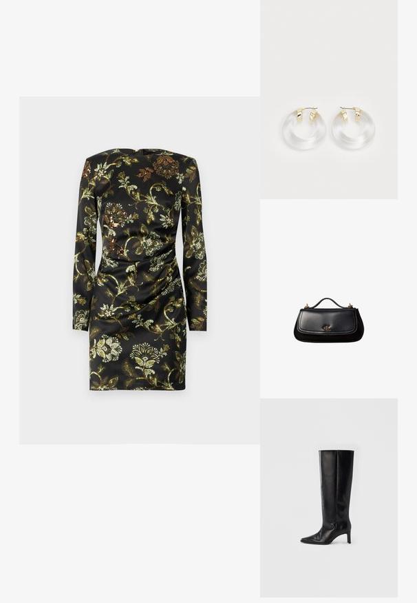 Robe noire à manches longues ornée d'un motif floral doré et vert, confectionnée en tissu lisse avec un détail froncé à la taille.; Bottes noires montantes en cuir lisse, avec un bout pointu et un talon fin, une tige ajustée et un design minimaliste.; Sac à main en cuir noir avec une petite poignée, logo "cK" doré sur le rabat avant, et accessoires dorés.; Boucles d'oreilles en acrylique transparent avec des accents en métal doré et une finition polie. Présente un design circulaire lisse.