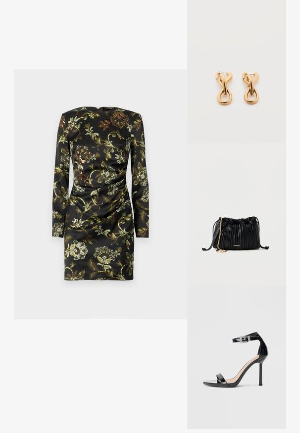Robe noire à manches longues ornée d'un motif floral doré et vert, confectionnée en tissu lisse avec un détail froncé à la taille.; Sandale à talon haut en cuir verni noir avec bride à la cheville. Présente un design minimaliste, un bout ouvert et une boucle ornée de strass.; Sac à main en cuir noir plissé avec cordon de serrage, bandoulière chaîne dorée et petit accent horizontal doré sur le devant.; Paire de boucles d'oreilles créoles en bouclettes dorées brillantes sur fond blanc uni, présentant un design torsadé entrelacé.