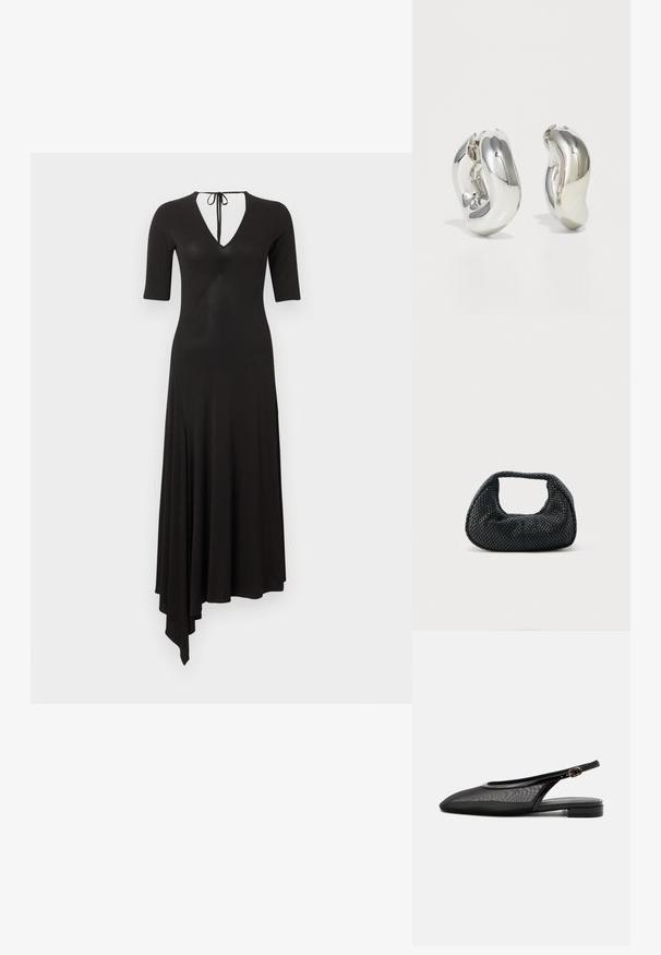 Robe noire à ourlet asymétrique avec manches mi-longues, encolure en V et fermeture par lien à l'arrière du cou.; Chaussure plate noire à bride arrière, bout pointu, tige en mesh, bride à boucle réglable et petit talon empilé sur fond blanc.; Sac hobo tissé noir avec une structure souple et une poignée intégrée, présenté sur un fond clair uni.; Boucles d'oreilles sculpturales en argent avec des formes douces et courbes et des surfaces réfléchissantes. Présentent un design de boucle fermée et une forme organique distincte.
