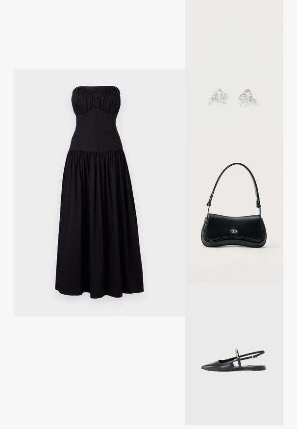 Musthave mustrinna kätketev maksikleit, millel on liibuv torss ja volüümikas seelik. Valmistatud siledast kangast, kaasneb südamikujuline kaelus ja rüüstatud detailid.; Must nahast slingback-taldadega madalad kingad, terava varbaosaga, lõigatud detaili ja reguleeritava rihmaga, millel on dekoratiivne lillemotiiv.; Mustast nahast käekott kõverate klappide ja hõbedase ovaalse logoga, millel on reguleeritav õlarihm, heleda tausta ees.; Hõbedast südamekujulised kõrvaklapid, millel on kattuvad südamekujundused, sile viimistlus ja kumerad detailid.