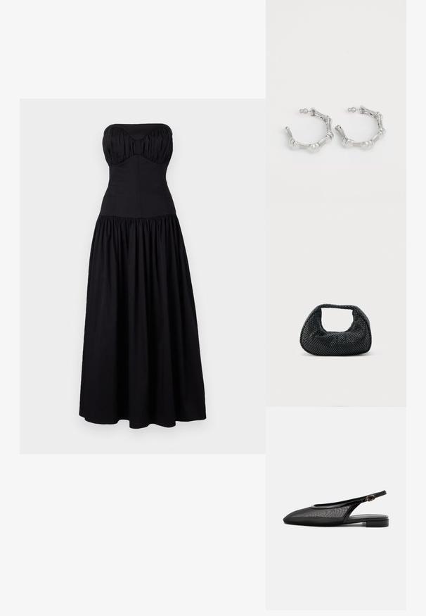 Schwarzes, trägerloses Maxikleid mit tailliertem Oberteil und gerafftem Rock. Hergestellt aus glattem Stoff, mit herzförmigem Ausschnitt und Rüschendetails.; Schwarzer Slingback-Flachschuh mit spitzer Kappe, Mesh-Obermaterial, verstellbarem Schnallenriemen und niedrigem Blockabsatz auf weißem Hintergrund.; Schwarze gewebte Hobo-Tasche mit weicher Struktur und integriertem Griff, dargestellt vor einem schlichten hellen Hintergrund.; Silberne Creolen mit einem strukturierten, unregelmäßigen Design. Hergestellt aus Metall, verfügen sie über einen sicheren Postverschluss und ein glänzendes Finish.