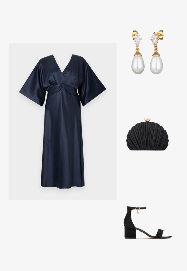 Laulukangas sininen satiini mekko, jossa on V-pääntie, leveät kimono-hihat ja rypistyskoriste vyötäröllä, laskeutuen polven ylle.; Musta nappa-bakeliinin sandaalit nilkkahihnalla, kultaisilla koristeilla, avonaisella varvalla ja tasapohjalla. Vaatimaton muotoilu ja sileä rakenne.; Musta kuorimainen iltalaukku, jossa laskostettu pinta ja kultainen lukko, jossa kaksi helmikoristetta.; Kultaiset korvakorut, joissa on marquise-leikkauksella oleva kirkas kivi ja pisaramuotoisen valkoisen helmen yhdistelmä. Sujuva pinta ja kiillotetut viimeistelyt.