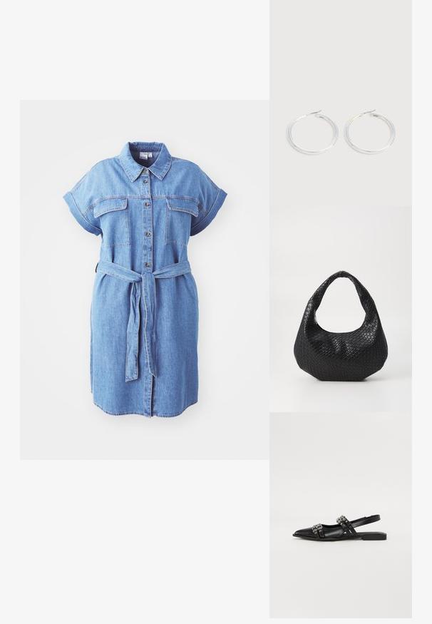 Denim shirtdress met korte mouwen, knoopsluiting aan de voorzijde, twee borstzakken en een strikceintuur; heeft een rechte snit en een middellange ontwerp.; Even&Odd Slingback ballerina´s - black; Zwarte geweven handtas met een gebogen handvat, met een gestructureerd oppervlak en een slouchy vorm. Gladde afwerking met een organische silhouette.; Een paar glanzende zilveren oorringen met dunne draadafsluitingen, getoond op een lichtgrijze achtergrond.