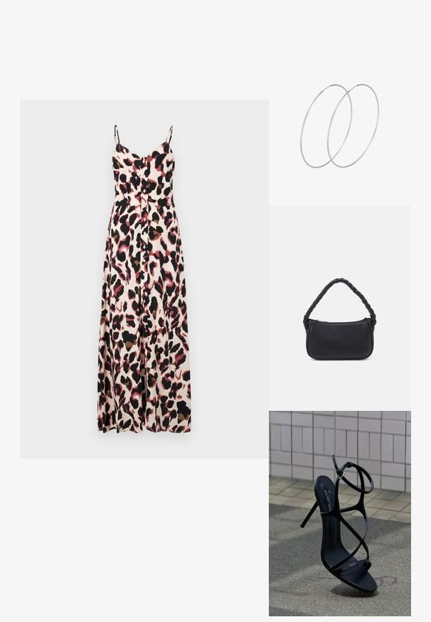 Maxime dress with thin straps, featuring a pink and black animal print pattern. Made from lightweight fabric, it has a relaxed fit and button detailing.; Musta korkokenkäsandaali, jossa on ohuet hihnat ja nilkkahihna, pystyasennossa harmaalla päällystetyllä kadulla laattaseinän edustalla.; Mustat käsilaukku, jolla on pyöreä muoto ja joka on valmistettu sileästä materiaalista. Varustettu punotulla kahvalla ja vetoketjulla turvallista säilytystä varten.; Hopehope hopeilla, joissa on minimalistinen muotoilu. Pyöreä muoto, sileä pinta ja ohut profiili. Kevyet ja kiillotetut.