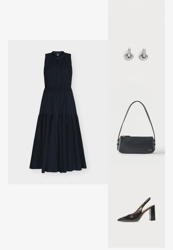 Robe midi noire sans manches avec taille froncée, encolure ronde avec fermeture à bouton et jupe fluide à volants.; Chaussure slingback en cuir noir à bout pointu avec un talon bloc haut et une doublure intérieure beige sur un fond clair uni.; Sac à bandoulière rectangulaire en cuir noir avec fermeture éclair dorée et petit logo "HUGO" doré sur le devant, doté d'une sangle réglable avec boucle.; Paire de petites boucles d'oreilles créoles argentées brillantes avec une base ronde, présentées sur un fond clair uni.