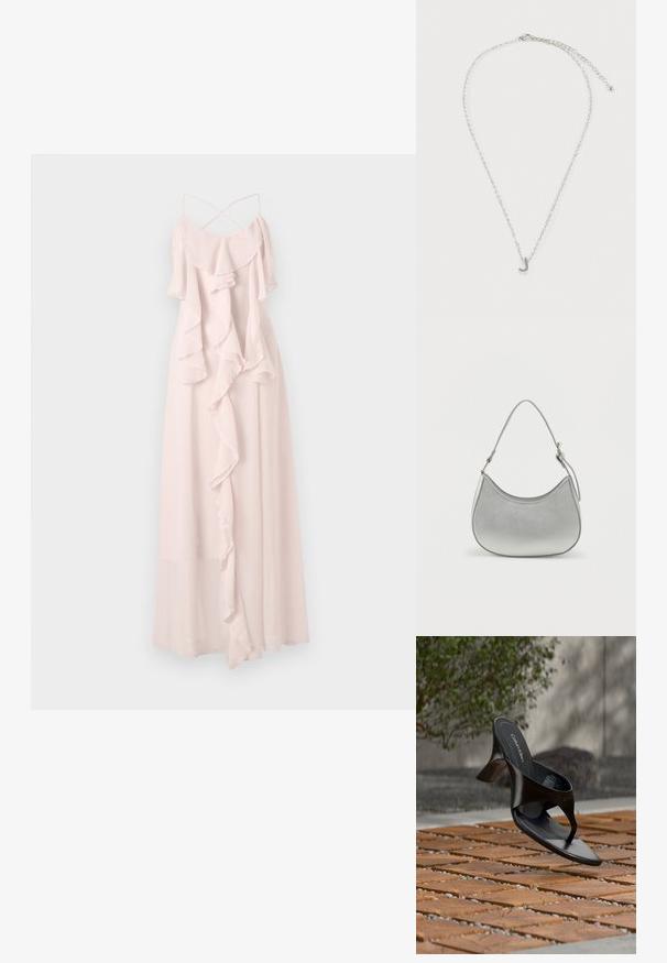 Lang, lys pink kjole lavet af letvægtsstof, med flæser og tynde justerbare stropper med et krydset design på ryggen.; Sort Calvin Klein hæl-sandal med åben tå, der svæver over en udendørs flisebelagt overflade med grønne planter og en betonvæg i baggrunden.; Sølv faux læder håndtaske med en buet form, kort justerbar strop og glat overflade, præget af minimal syning.; Sølvkæde med et lille vedhæng med bogstavet J i kursiv og justerbart lås på hvid baggrund.