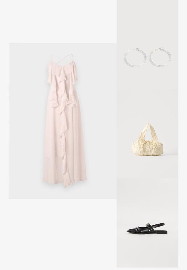 Langes, blassrosa Kleid aus leichtem Stoff, das mit Rüschenschichten und dünnen, verstellbaren Trägern mit einem Kreuzdesign auf der Rückseite versehen ist.; Even&Odd by Zalando Sling-Ballerina - black; Handtasche aus cremefarbenem strukturiertem Stoff mit oberen Griffen und einer kleinen gebundenen Schleife in der Mitte vorne.; Paar glänzende silberne Creolen mit dünnen Drahtverschlüssen, dargestellt vor einem hellgrauen Hintergrund.