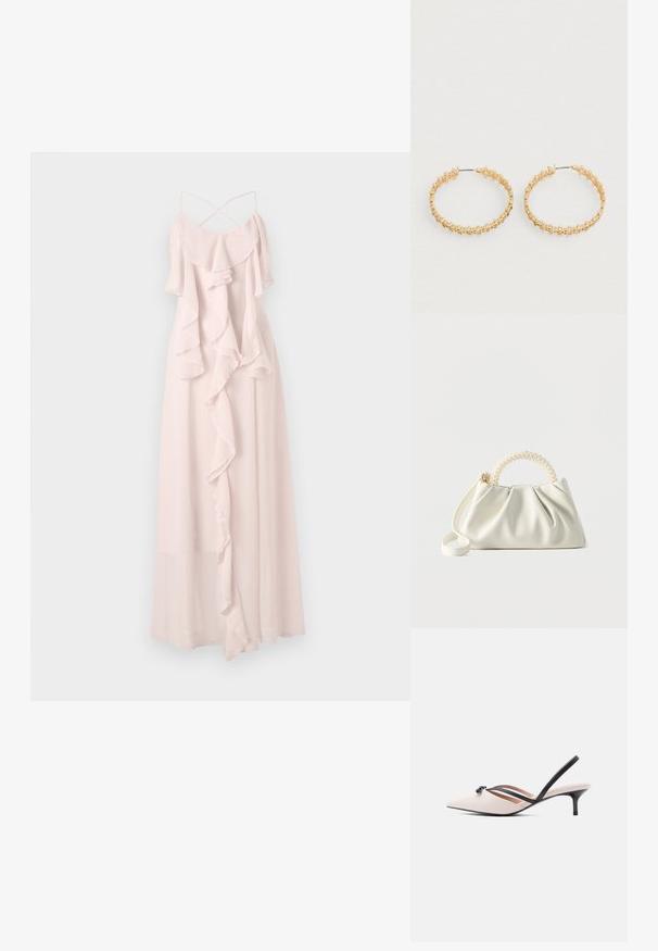 Langes, blassrosa Kleid aus leichtem Stoff, das mit Rüschenschichten und dünnen, verstellbaren Trägern mit einem Kreuzdesign auf der Rückseite versehen ist.; Beiger Slingback-Pumps mit spitzer Spitze, schwarzen Riemen und einer Schleifen-Akzent; verfügt über einen schlanken schwarzen Stiletto-Absatz und eine glatte Lederoberfläche.; Kleine weiße Handtasche mit gerafftem Körper, rundem Griff, verziert mit Perlen, und abnehmbarem Schulterriemen auf einfarbigem Hintergrund.; Goldene Creolen mit einem strukturierten Design und kleinen, runden Perlen entlang der äußeren Kante. Leicht und mit sicherem Verschluss.
