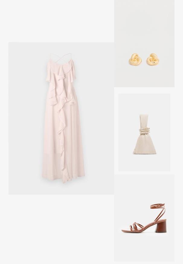 Langes, blassrosa Kleid aus leichtem Stoff, das mit Rüschenschichten und dünnen, verstellbaren Trägern mit einem Kreuzdesign auf der Rückseite versehen ist.; Brauner Riemchensandalette mit Blockabsatz und Schnallenverschluss am Knöchel, minimalistisches Design, glatte Lederoberfläche, Seitenansicht vor einfarbigem Hintergrund.; Kleine beigen Faltentasche mit einem verknoteten Griff und drei runden Perlenarmbändern, die um die Mitte gewickelt sind.; Paar glänzende Ohrstecker in Form eines Knotens in Goldton vor einem einfachen weißen Hintergrund.