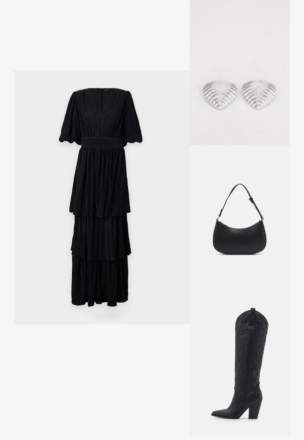Schwarzes, plissiertes Maxikleid mit V-Ausschnitt, kurzen Puffärmeln und gestuften Design. Glatte Textur mit dezenten vertikalen Streifen.; Zign LEATHER - Cowboy-/Bikerboot - black; Pieces PCALUANA SHOULDER BAG - Handtasche - black; Ohrringe in Silberoptik mit einem wellenförmigen, strukturierten Design, das wie überlappende Halbmonden geformt ist; die polierte Oberfläche verstärkt die reflektierenden Eigenschaften.
