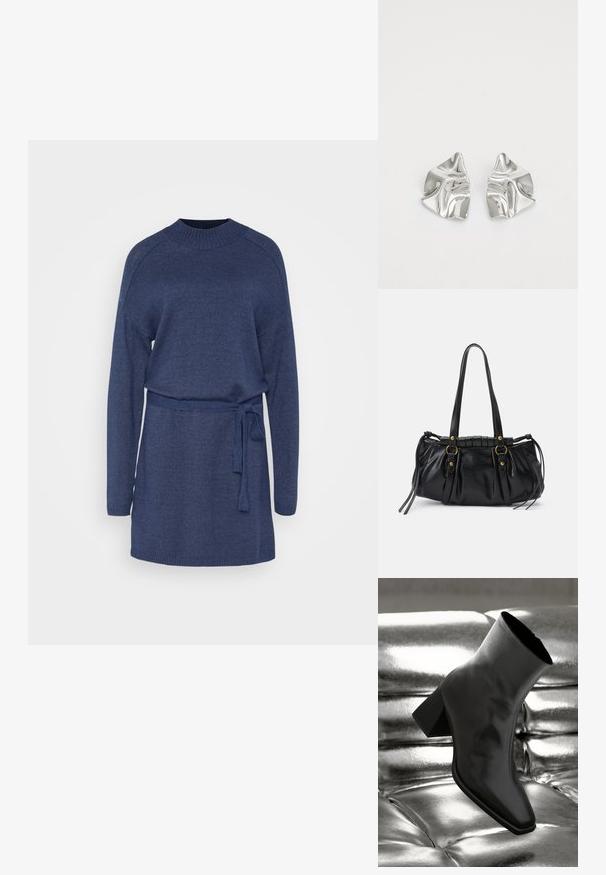 Robe en tricot marine à manches longues, col rond et taille ceinturée. Comprend des poignets et un ourlet côtelés pour une texture supplémentaire.; Botte noire à la cheville en matériau brillant avec un bout carré et un talon effilé, sur un fond argenté brillant et capitonné.; Sac à main en cuir noir avec une forme arrondie, deux poignées, des accents en matériel décoratif et des détails de liens sur les côtés. Texture lisse et brillante.; Boucles d'oreilles en métal argenté avec un design ondulé et sculptural, présentant une finition polie et des formes irrégulières, mettant en valeur une esthétique contemporaine.
