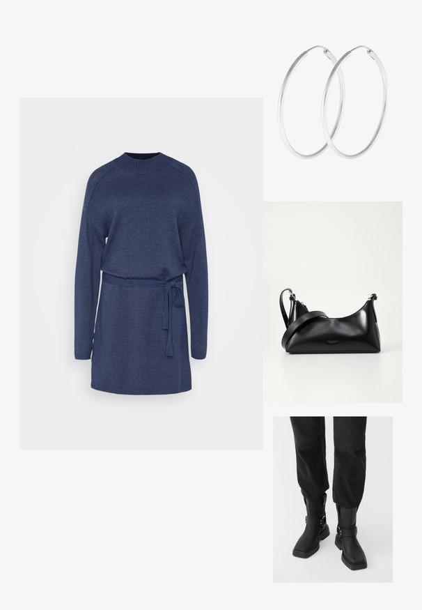 Vestido de punto azul marino con mangas largas, cuello redondo y cintura ceñida con cinturón. Presenta puños y dobladillo acanalados para añadir textura.; Botas negras de cuero hasta el tobillo con puntera cuadrada, que presentan una tira ancha y un detalle de hebilla de metal. Las botas tienen una suela gruesa y una textura suave.; Bolso de mano de cuero negro con una textura suave. Cuenta con una correa ajustable y un diseño elegante y minimalista con cierre de cremallera.; Pendientes de aro en tono plateado con forma redonda y un acabado pulido. Ambos pendientes son del mismo tamaño y cuentan con un mecanismo de cierre seguro.
