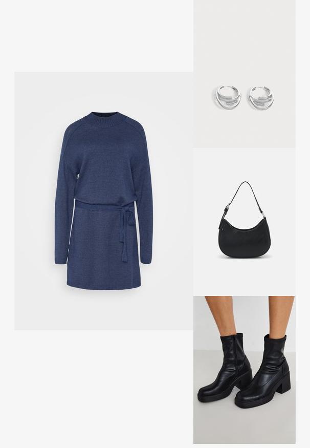 Robe en tricot marine à manches longues, col rond et taille ceinturée. Comprend des poignets et un ourlet côtelés pour une texture supplémentaire.; Bottines noires en cuir avec un haut talon carré, dotées d'une fermeture éclair sur le côté, d'une texture lisse et d'un design de pointe effilée.; Sac hobo noir en cuir lisse avec une silhouette arrondie, doté d'une seule sangle ajustable et de détails de design minimalistes.; Paire de boucles d'oreilles anneaux en argent poli avec un design de barre incurvée superposée sur un fond clair uni.