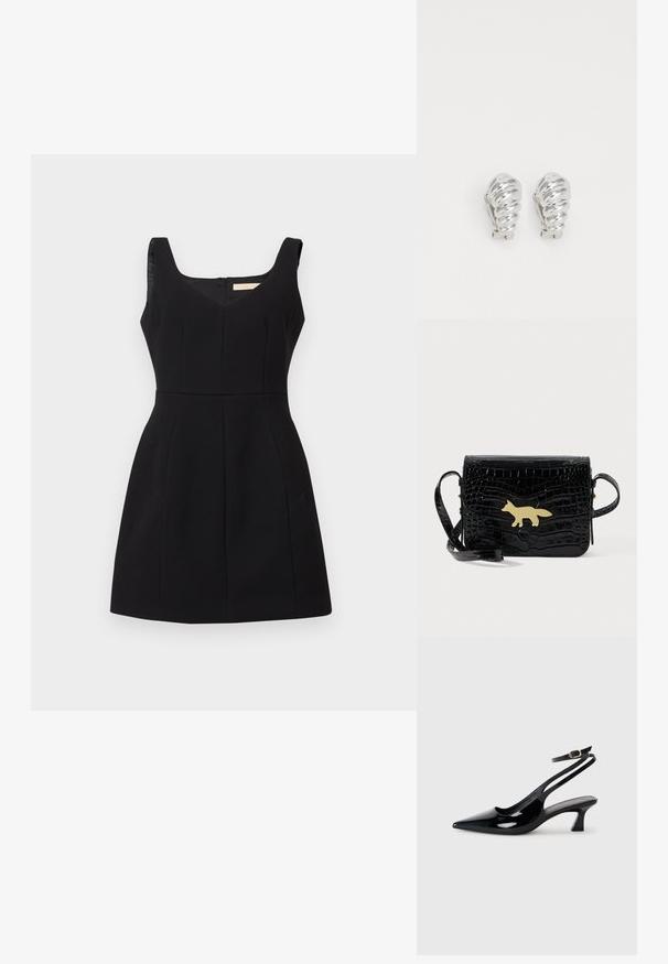 Robe noire sans manches avec un décolleté en V, en tissu texturé, buste ajusté et jupe évasée. Comprend deux poches latérales et une fermeture à glissière au dos.; Escarpins à brides arrière en cuir verni noir, à bout pointu, avec un petit talon carré et une sangle de cheville ajustable dotée d'une boucle dorée.; Sac bandoulière en cuir noir embossé effet peau de crocodile avec une longue sangle et une fermeture dorée en forme de renard sur le rabat avant.; Boucles d'oreilles en clip argentées avec un design en spirale, présentant une texture métallique lisse et des formes arrondies. Pas d'embellissements ou de motifs visibles.
