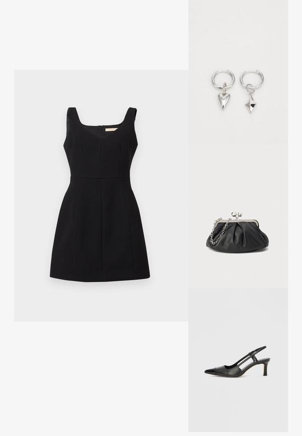 Robe noire sans manches avec un décolleté en V, en tissu texturé, buste ajusté et jupe évasée. Comprend deux poches latérales et une fermeture à glissière au dos.; Chaussure à bride arrière en cuir noir avec bout pointu, dotée d'un accent brillant sur le bout et d'un talon de hauteur moyenne. Design latéral ouvert.; Porte-monnaie en cuir noir avec texture froncée, cadre en métal argenté, fermeture à verrouillage kiss-lock et bandoulière en chaîne. Surface lisse et douce.; Boucles d'oreilles en argent en forme de créoles, ornées d'un cœur et d'un pendentif en forme de diamant. Texture lisse avec une finition polie.