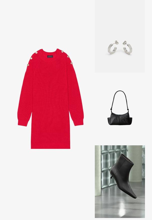 Vestido de punto rojo con mangas largas, puños acanalados y botones en los hombros. Presenta un cuello redondo y un corte relajado.; Bota de cuero negro para el tobillo con puntera puntiaguda y tacón pequeño, exhibida frente a una pared de bloques de vidrio y un suelo pulido.; Bolso de hombro de cuero negro con correa larga, bolsillos laterales y logo de Calvin Klein en relieve en la parte delantera.; Pendientes aros de metal plateado con un diseño texturizado, que cuentan con un pequeño respaldo de clip y una marca en uno de los aros. Forma redondeada con un acabado pulido.