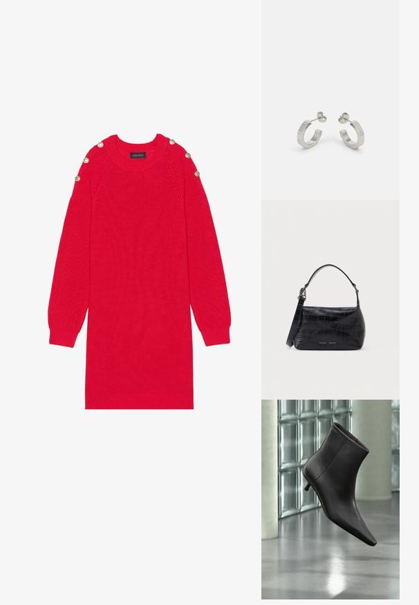 Robe en tricot rouge avec des manches longues, des poignets côtelés et des boutons aux épaules. Elle possède un col rond et une coupe décontractée.; Bottine en cuir noir avec bout pointu et petit talon, présentée devant un mur en blocs de verre et un sol poli.; Sac à bandoulière en cuir noir embossé crocodile avec poignée supérieure et logo imprimé sur le devant.; Boucles d'oreilles en métal argenté avec un design texturé, dotées d'un petit fermoir et d'une marque sur une des hoops. Forme arrondie avec une finition polie.