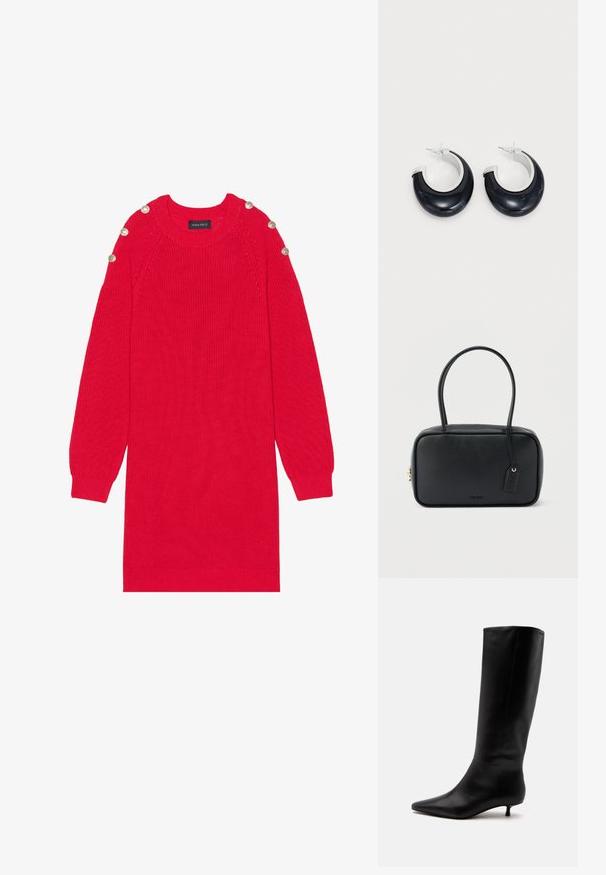 Vestido de punto rojo con mangas largas, puños acanalados y botones en los hombros. Presenta un cuello redondo y un corte relajado.; Bota alta de cuero negro hasta la rodilla con puntera puntiaguda y tacón bajo tipo kitten sobre un fondo claro y liso.; Bolso rectangular negro con asas dobles redondeadas, cremallera dorada y logo "HUGO" en relieve en el frente con etiqueta de cuero adjunta.; Pendientes de aro de resina negra con acabado brillante y acentos de hardware en tono plateado. Forma circular con un corte y cierre a presión.