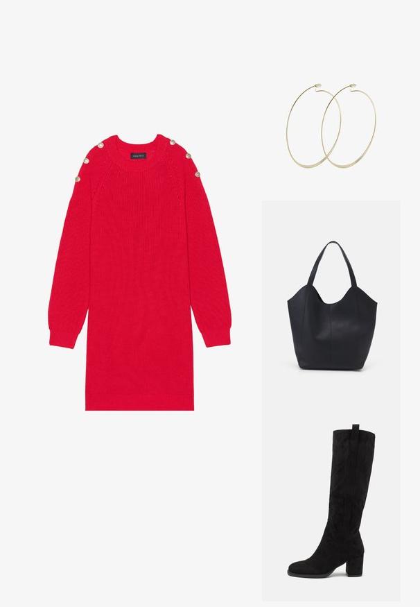 Punane kudum dress koos pikkade varrukatega, soonikkoes mansetid ja õlavarre nupud. Omab ümmargust kaela ja lõdva lõikega.; Anna Field by Zalando Saapad - black; Must must kinnas must rinna, millel on kaarjas avatud ülemine osa, kaks õlarihma ja minimalistlik disain.; Pilgrim Kõrvarõngad - gold-coloured