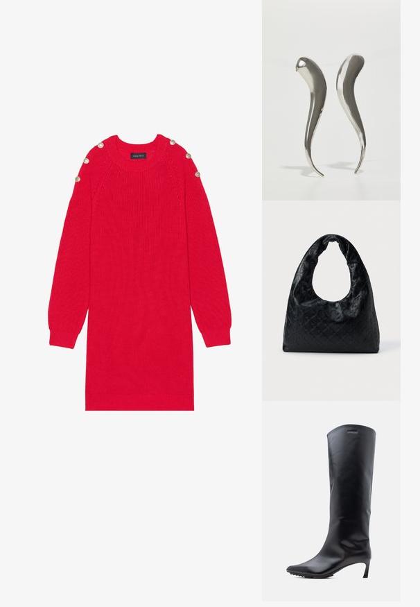 Robe en tricot rouge avec des manches longues, des poignets côtelés et des boutons aux épaules. Elle possède un col rond et une coupe décontractée.; Botte en cuir noire montant jusqu'au genou avec un bout pointu et un talon haut et mince. Texture lisse avec un minimum de métal et le logo de la marque près du haut.; Sac à main en cuir noir avec une forme structurée et arrondie, présentant une grande poignée en forme de demi-lune découpée et un motif en diamant texturé.; Boucles d'oreilles en argent métallique avec une forme élégante et allongée, présentant une surface lisse et un design incurvé qui se termine par une pointe.