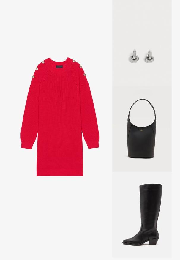 Robe en tricot rouge avec des manches longues, des poignets côtelés et des boutons aux épaules. Elle possède un col rond et une coupe décontractée.; Botte en cuir noire mi-mollet avec un bout pointu et un talon bas incliné sur un fond clair uni.; Sac seau en cuir noir avec une seule bandoulière et un petit logo BOSS doré centré près du haut à l'avant.; Paire de petites boucles d'oreilles créoles argentées brillantes avec une base ronde, présentées sur un fond clair uni.