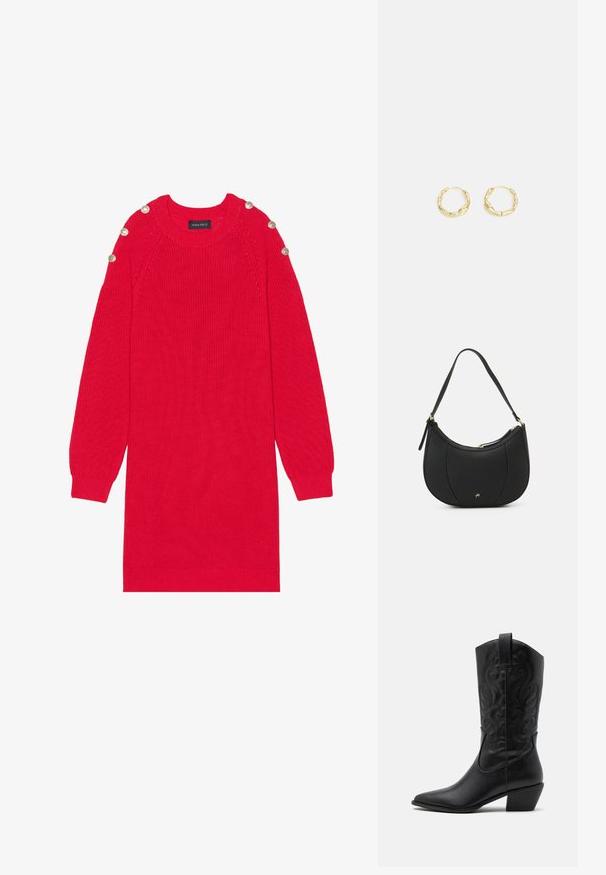 Vestido de punto rojo con mangas largas, puños acanalados y botones en los hombros. Presenta un cuello redondo y un corte relajado.; Botas de vaquero de cuero negro con punta afilada, patrones en relieve en espiral y un tacón de altura media. Presentan una lengüeta para facilitar el uso.; Bolso de mano de cuero negro con forma curva, superficie texturizada, costuras frontales y un logo en tono dorado. Cuenta con una sola correa ajustable.; Pendientes de aro de oro con una superficie texturizada e irregular. Presentan un diseño ligero y una forma circular, aptos para el uso diario.