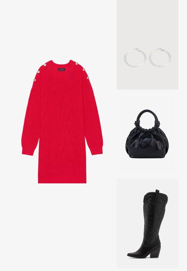 Vestido de punto rojo con mangas largas, puños acanalados y botones en los hombros. Presenta un cuello redondo y un corte relajado.; Botas negras de cuero hasta la rodilla con punta puntiaguda y tacón apilado. Presentan costuras decorativas y elementos de diseño curvados.; Bolso de mano de cuero negro suave con parte superior fruncida y dos asas gruesas atadas en nudos sobre un fondo claro y liso.; Pareja de pendientes de aro plateados brillantes con cierres de alambre delgado, mostrados sobre un fondo gris claro.