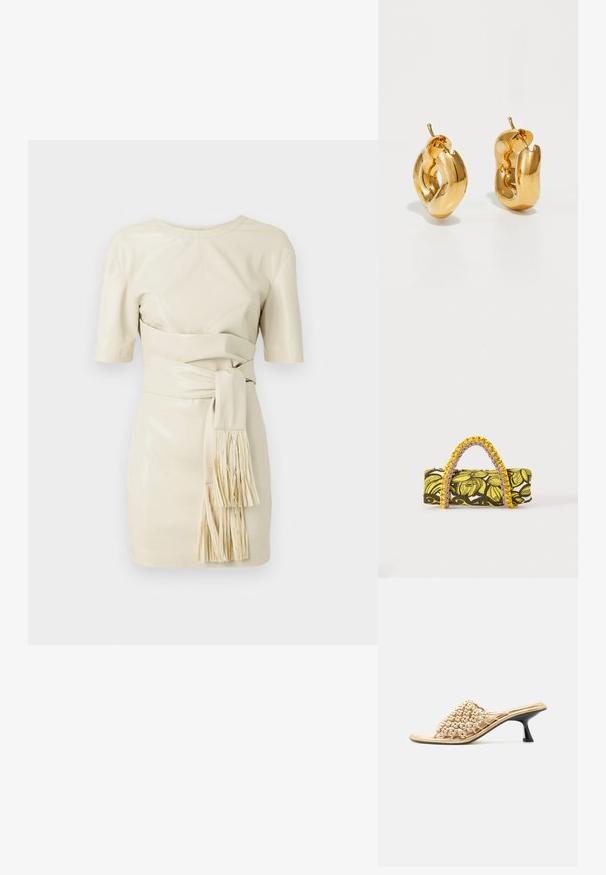 Vestido de cuero crema con mangas cortas, un corsé ajustado y un cinturón atado con detalle de flecos. Textura suave y diseño minimalista.; Zapato mule beige de punta abierta con parte superior tejida y tacón bajo de gatito negro esculpido sobre fondo blanco.; Bolsa rectangular con patrón floral en amarillo y negro y asa trenzada amarilla y rosa sobre fondo blanco.; Pendientes de aro grueso en oro con un diseño tubular ligeramente retorcido y cierre de presión, sobre un fondo blanco.