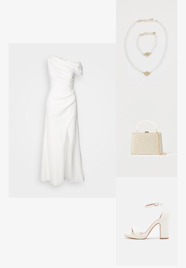 Eén-schouder witte jurk met gedrapeerde stof, een aansluitende taille en een zijsplit. Gladde textuur en een vloerlange design, wat zorgt voor een elegante silhouette.; Witte hoge hak sandaal met enkelbandje, minimalistisch ontwerp, open teen, blokhak en gladde lederen textuur.; Rechthoekige gouden avondtas met diagonale rijen parels en strass-steentjes, een handvat aan de bovenkant en een gouden kettingriem op een witte achtergrond.; Parelketting en bijpassend armband met gouden sluitingen en ronde gouden bedel versierd met kleine kristallen op een witte achtergrond.
