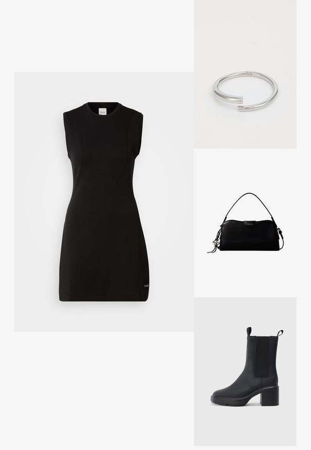 Vestido negro ajustado sin mangas de Calvin Klein con escote redondo y sutiles detalles de costura sobre un fondo blanco.; Botín negro de tobillo hecho de un material de goma liso, con paneles laterales elásticos, tacón bloque y tiradores en la parte superior para facilitar su uso.; Bolso rectangular negro de Calvin Klein con una única correa superior, dije con el logo plateado y un pequeño cierre de solapa en la parte frontal.; Calvin Klein SPIRAL - Pulsera - silver-coloured