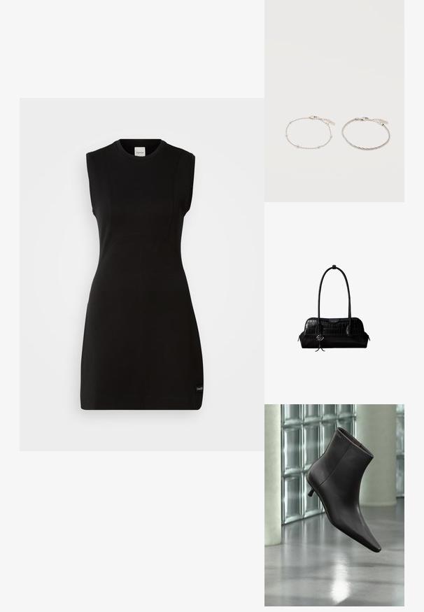 Vestido negro ajustado sin mangas de Calvin Klein con escote redondo y sutiles detalles de costura sobre un fondo blanco.; Bota de cuero negro para el tobillo con puntera puntiaguda y tacón pequeño, exhibida frente a una pared de bloques de vidrio y un suelo pulido.; Bolso de hombro negro de cuero con textura de cocodrilo, con correas largas y un pequeño colgante de logo plateado en una correa.; Dos delicadas pulseras de plata lado a lado, una con pequeñas cuentas y la otra con una cadena fina tejida, ambas con cierres de langosta y etiquetas.