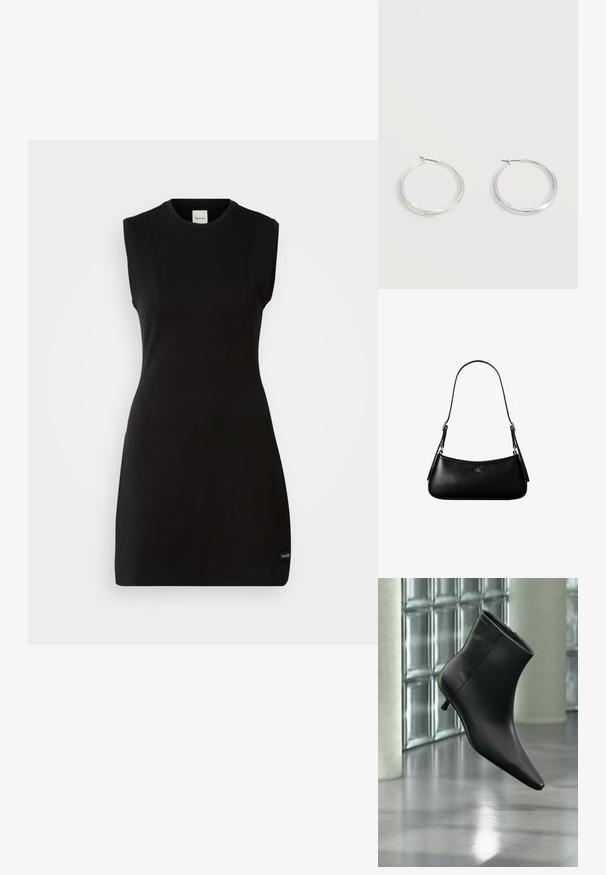 Vestido negro ajustado sin mangas de Calvin Klein con escote redondo y sutiles detalles de costura sobre un fondo blanco.; Botín negro de cuero con punta puntiaguda y tacón bajo estilo kitten, mostrado en ángulo sobre un suelo pulido y con una pared de bloques de vidrio de fondo.; Mini bolso negro de cuero para hombro con correa delgada y pequeño logo dorado CK en el centro frontal.; Pendientes de aro de metal plateado con superficie lisa y ligeramente curvada y cierre de tipo mosquetón sobre un fondo blanco liso.