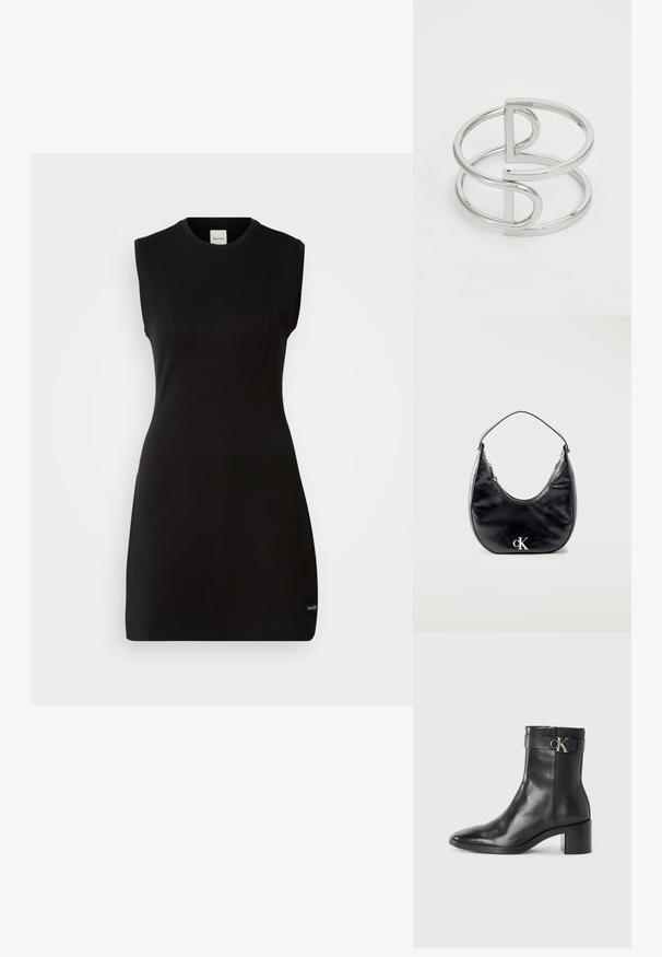 Ärmelloses schwarzes, tailliertes Kleid von Calvin Klein mit rundem Ausschnitt und dezenten Nahtdetails auf einem weißen Hintergrund.; Schwarze Leder-Ankle Boots mit spitzem Zehenbereich, Blockabsatz und einem Riemen mit einem metallischen Logodetail. Glatte Textur und minimales Design.; Schwarze, halbmondförmige Ledertasche mit kurzem Riemen und silbernem „cK“-Logo auf der Vorderseite, Reißverschluss oben.; Silberner Metallarmreif mit einem Doppel-Schleifen-Design, glatter, glänzender Oberfläche und einem minimalistischen geometrischen Akzent.