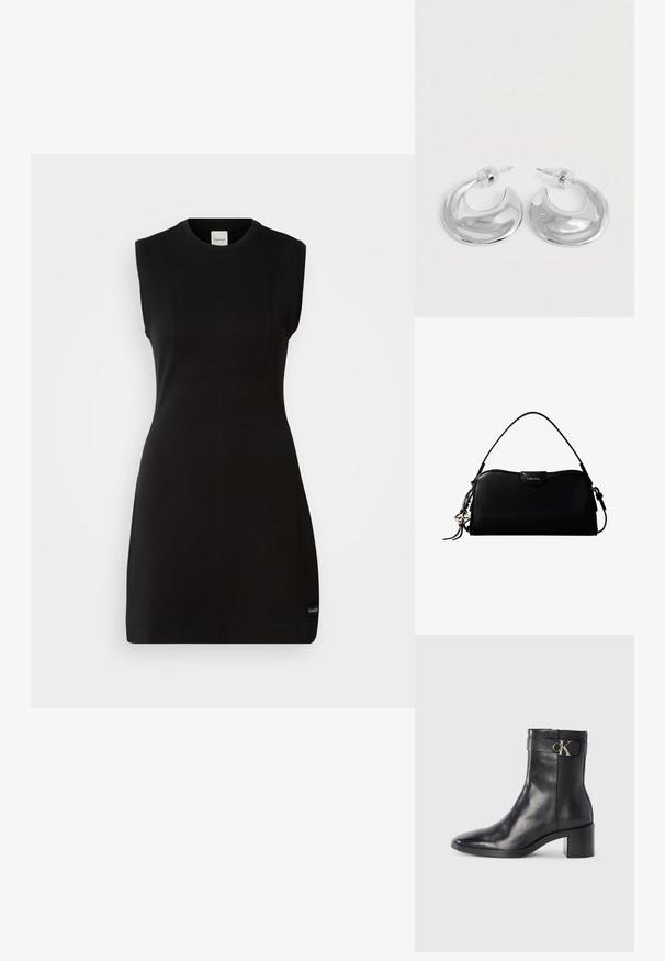 Vestido negro ajustado sin mangas de Calvin Klein con escote redondo y sutiles detalles de costura sobre un fondo blanco.; Bota de tobillo de cuero negra con punta afilada, tacón cuadrado y una correa con un detalle de logo metálico. Textura suave y diseño minimalista.; Bolso rectangular negro de Calvin Klein con una única correa superior, dije con el logo plateado y un pequeño cierre de solapa en la parte frontal.; Un par de pendientes de aro en forma de media luna pulidos en plata, con respaldos de plástico transparente, sobre una superficie blanca.