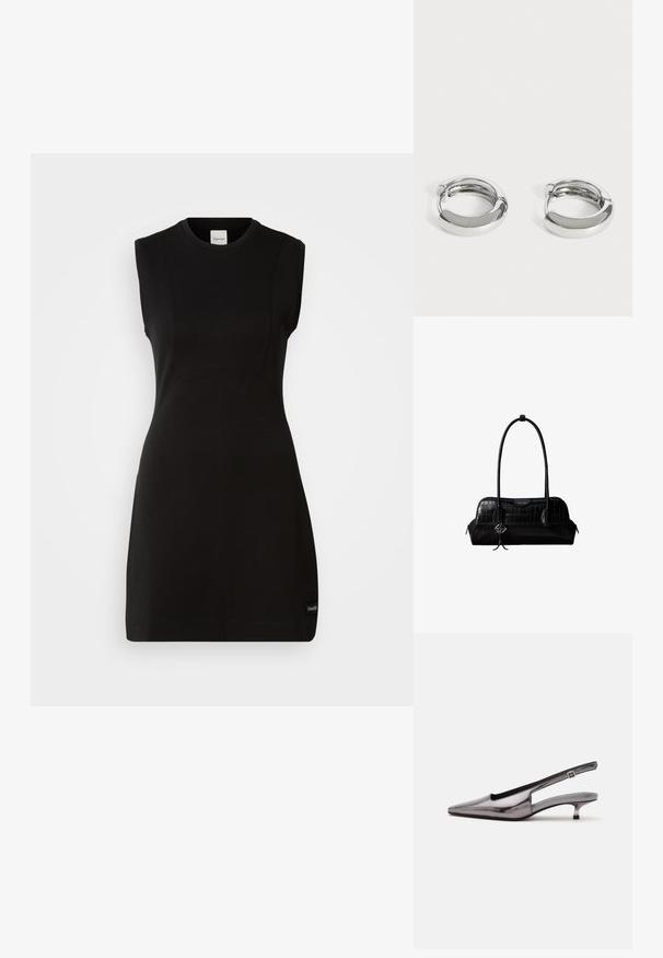 Erm løse sorte Calvin Klein kjole med tætsiddende pasform, rund halsudskæring og diskret sømdetaljering på en hvid baggrund.; Metalgrå spids slingback-sko med lav kittenhæle og justerbar rem på hvid baggrund.; Sort skuldertaske i krokodillelæder med lange stropper og lille sølvlogo-charm på den ene strop.; Par små, skinnende sølv hoops med glatte, afrundede overflader på en ensfarvet hvid baggrund.