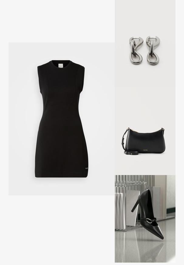 Ärmelloses schwarzes, tailliertes Kleid von Calvin Klein mit rundem Ausschnitt und dezenten Nahtdetails auf einem weißen Hintergrund.; Schwarzer, spitzer High-Heel-Schuh mit silberner Schnalle, auf einer reflektierenden Oberfläche nahe einem Metall-Datei-Organizer mit Papieren platziert.; Schwarze Leder-Schultertasche von Calvin Klein mit goldenem Reißverschluss und verstellbarem Riemen auf schlichtem hellem Hintergrund.; Paar silberfarbene Metallohrringe mit abstraktem ineinandergreifendem Schlaufen-Design auf weißem Hintergrund.
