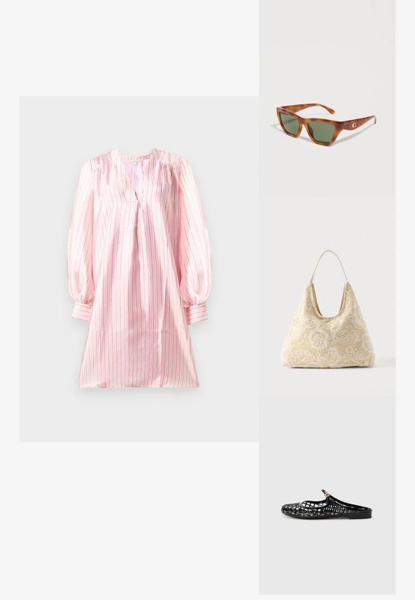 Hele roosa kleit, millel on vertikaalsed valged ja korallpunased triibud, V-kaelusega ja puhvitud pikkade varrukatega. Sile, satiinilaadne tekstuur.; Tory Burch MELLOW MARY JANE - Tagant lahtised kingad - perfect black/gold; Pruun kameeleonkuldudega ristkülikukujulised päikeseprillid tumeroheliste läätsedega ja kuldse "C" logoga kõrvadel, esitatud valgel taustal.; Kreemikas kangast kott, valge lillemustrilise heegeldise ja ühe õhukese õlarihmaga ühevärvilisel taustal.