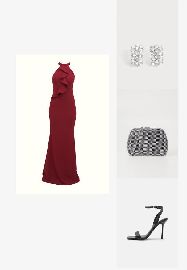 Burgundy halterneck kjole med flæset detalje på siden; tætsiddende silhuet; lavet af glat, strækbart stof; gulvlængde.; Sort højhælet sandal med en slank ankelrem og to forreste bånd. Lavet af glat læder med en slank spids tå og stilettohæl.; Sorte og hvide teksturerede clutch-taske med rund form, sølvfarvet kædetrækt, og en metalspænde på toppen.; Par sølvfarvede øreringe med flere facet-slidte klare krystaller arrangeret i et geometrisk mønster.