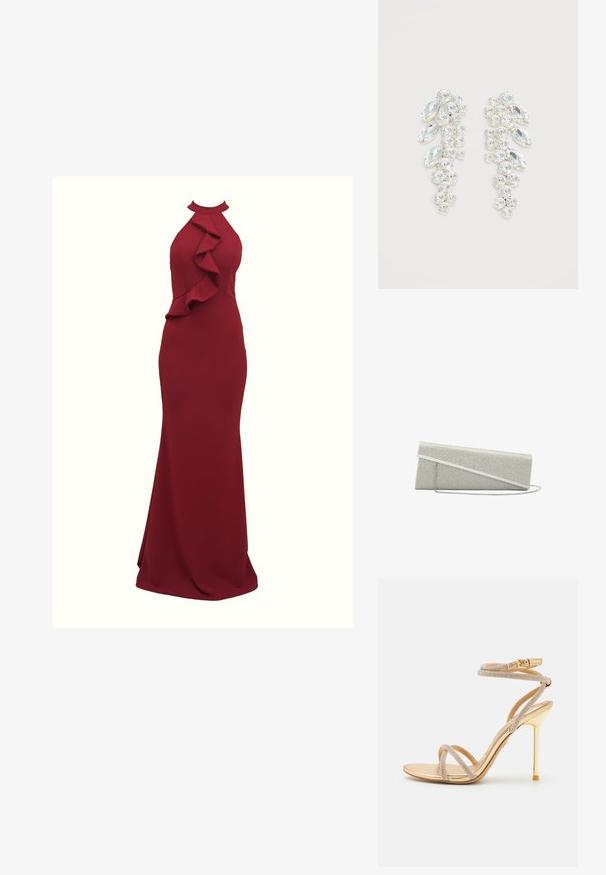 Vestido burdeos sin mangas con detalles en volantes a los lados; silueta ajustada; hecho de tela suave y elástica; diseño hasta el suelo.; ALDO MANAELDEN - Sandalias de tacón - gold-coloured; Bolso de mano pequeño rectangular plateado con detalle de solapa diagonal y correa delgada para el hombro, cubierto de pequeñas piedras brillantes.; Par de pendientes en tono plateado con cristales claros facetados agrupados en formas redondas y marquesas sobre fondo blanco.