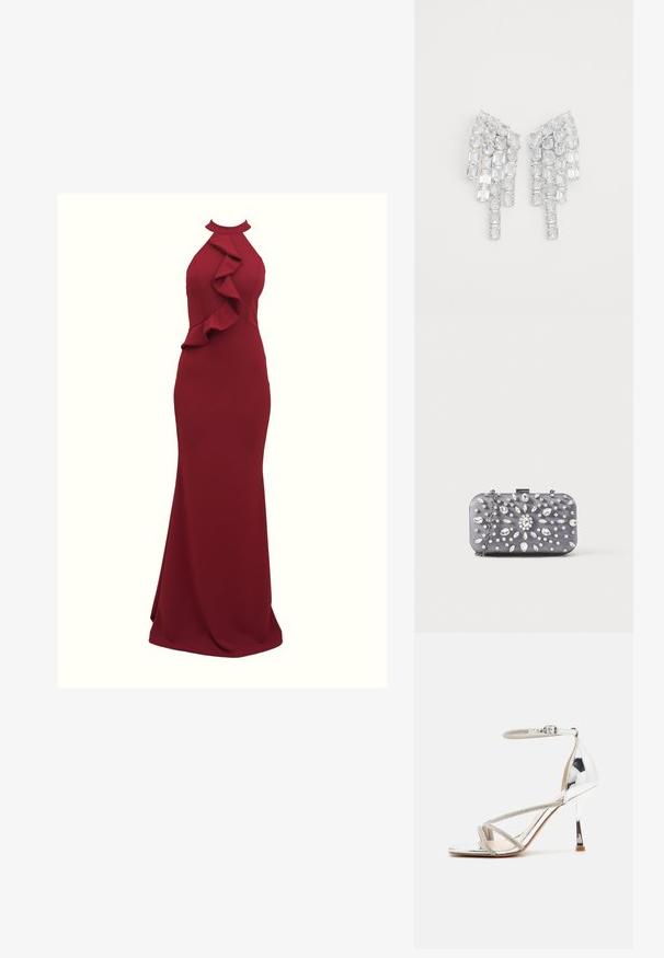 Burgundy halterneck kjole med flæset detalje på siden; tætsiddende silhuet; lavet af glat, strækbart stof; gulvlængde.; Sølv højhælede sandal med en snøredesign, glitrende materiale, rhinsten accenter og en slank ankelrem. Firkantet tå og poleret hæl.; Lille rektangulær mørkegrå clutch pyntet med klare rhinsten i et strålende mønster og en sølvkæde som strop.; Klare krystaløreringe med et forlænget design, der har rektangulære og firkantede sten, der falder i en vifteform. Skinner med en glitrende overfladetextur.