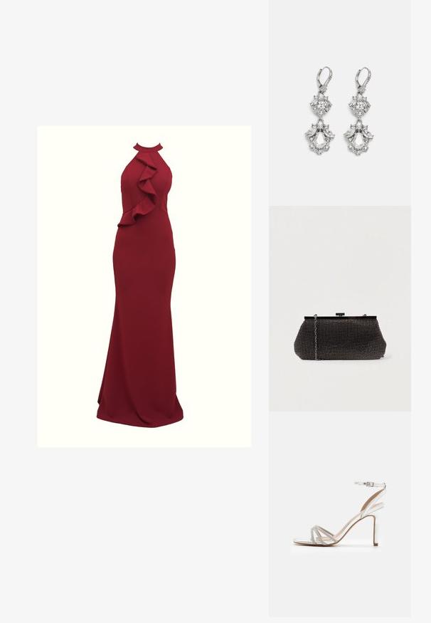 Burgunderfarbendes Neckholder-Kleid mit Rüschendetails an der Seite; figurbetonende Silhouette; aus glattem, dehnbarem Stoff gefertigt; bodenlanger Schnitt.; Silberne High-Heel-Sandale mit mehreren Riemen, verziert mit Strasssteinen, offener Zehenpartie und einem Knöchelverschluss. Glatte, metallische Oberfläche.; Schwarze Mesh-Clutch mit strukturierter Silhouette, verziert mit kleinen metallic-nieten, besitzt einen Verschluss mit Klappe und einen abnehmbaren Kettenriemen.; Silberfarbene Ohrringe mit mehreren klaren Kristallgemmen in Tropfen- und Marquiseformen, mit Klappverschluss und kunstvollen Details.