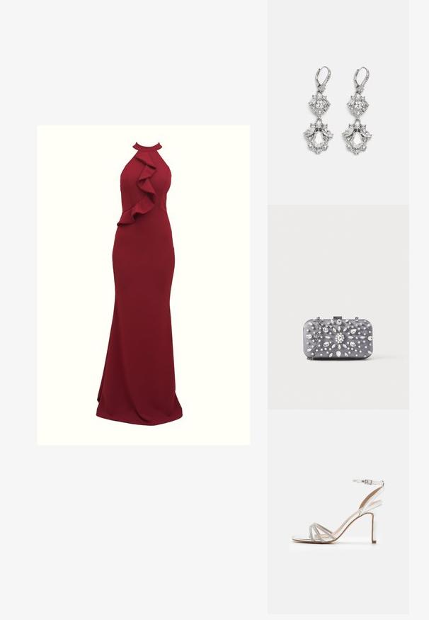 Burgunderfarbendes Neckholder-Kleid mit Rüschendetails an der Seite; figurbetonende Silhouette; aus glattem, dehnbarem Stoff gefertigt; bodenlanger Schnitt.; Silberne High-Heel-Sandale mit mehreren Riemen, verziert mit Strasssteinen, offener Zehenpartie und einem Knöchelverschluss. Glatte, metallische Oberfläche.; Kleine rechteckige dunkelgraue Clutch, verziert mit klaren Strasssteinen in einem strahlenförmigen Muster und einem silbernen Kettenriemen.; Silberfarbene Ohrringe mit mehreren klaren Kristallgemmen in Tropfen- und Marquiseformen, mit Klappverschluss und kunstvollen Details.