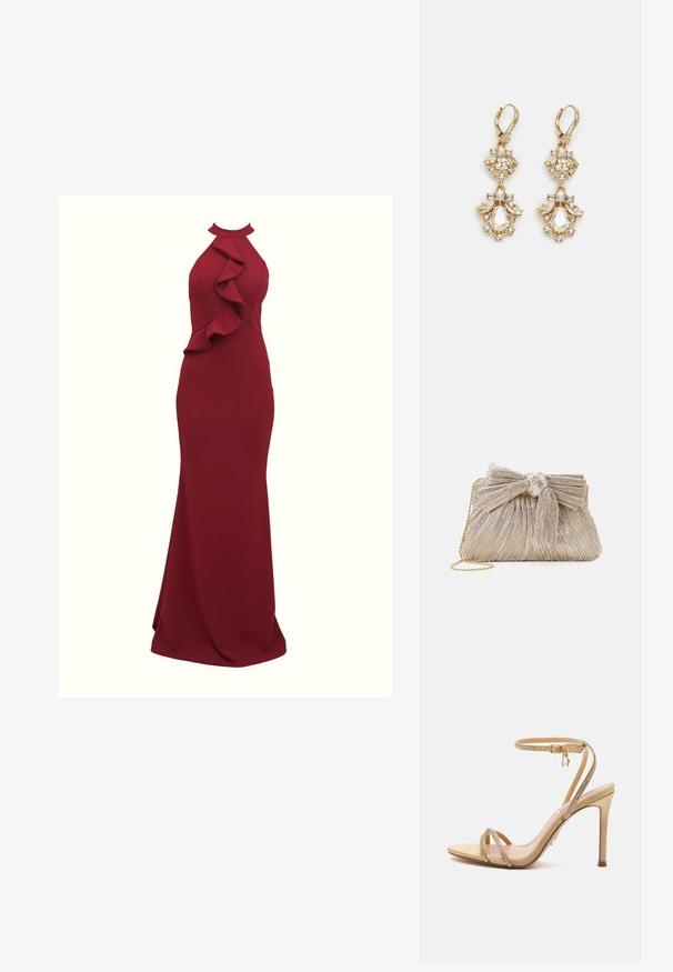 Burgunderfarbendes Neckholder-Kleid mit Rüschendetails an der Seite; figurbetonende Silhouette; aus glattem, dehnbarem Stoff gefertigt; bodenlanger Schnitt.; Beige High-Heel-Sandale mit dünnen Riemchen, verziert mit kleinen Strasssteinen und einer goldenen Knöchelschnalle auf schlichtem Hintergrund.; Metallisch goldfarbene Clutch-Tasche mit plissiertem Stoff, einschließlich einer Schleifendetail oben und einem goldenen Kettenriemen für Vielseitigkeit und einfachen Transport.; Ohrringe mit Gold-Finish im Design eines Clusters, das runde und tropfenförmige klare Kristalle zeigt und aufwendige Details präsentiert.