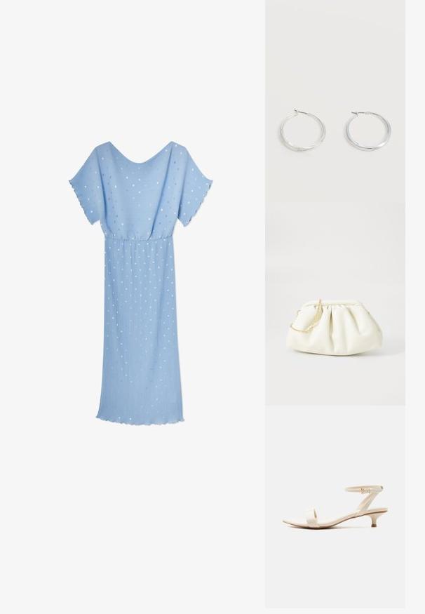Vestido midi azul claro con mangas cortas acampanadas, cintura elástica, plisados verticales y un sutil patrón de puntos blancos y plateados dispersos.; Sandalia beige de tacón bajo con una sola tira en los dedos y correa ajustable en el tobillo con una pequeña hebilla dorada, sobre un fondo blanco.; Bolso de mano de cuero blanco con un diseño recogido, cuenta con una cadena dorada y forma redondeada. Textura suave con pliegues suaves y sin patrones.; Pendientes de aro de metal plateado con superficie lisa y ligeramente curvada y cierre de tipo mosquetón sobre un fondo blanco liso.